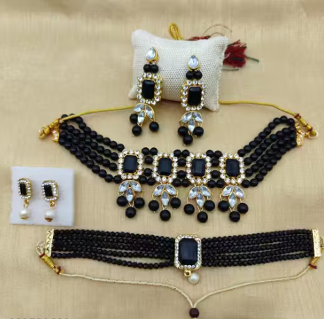 Traditional Pink Beaded Choker Jewellery Set for Women | Crystal Stone Necklace with Earrings &amp;amp;amp;amp;amp;amp; Maang Tikka