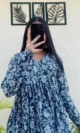 Womens Navy Blue Floral Printed Flared Rayon Top