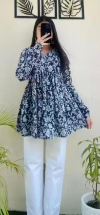 Womens Navy Blue Floral Printed Flared Rayon Top