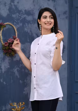 Womens Elegant White Cotton Casual Kurti Top
