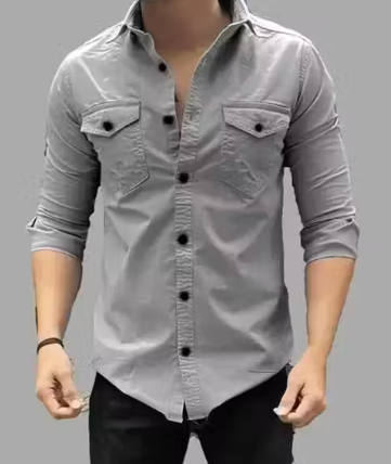Stylish Mens Double Pocket Slim Fit Casual Shirt – Light Grey
