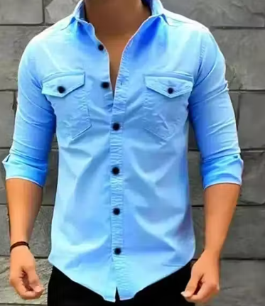 Stylish Mens Double Pocket Slim Fit Casual Shirt – Sky Blue