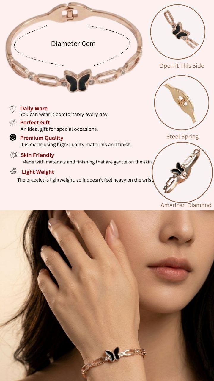 VS Fashion Jewels Rose Gold Plated Black Butterfly Bracelet for Women & Girls | Adjustable Designer Bracelet