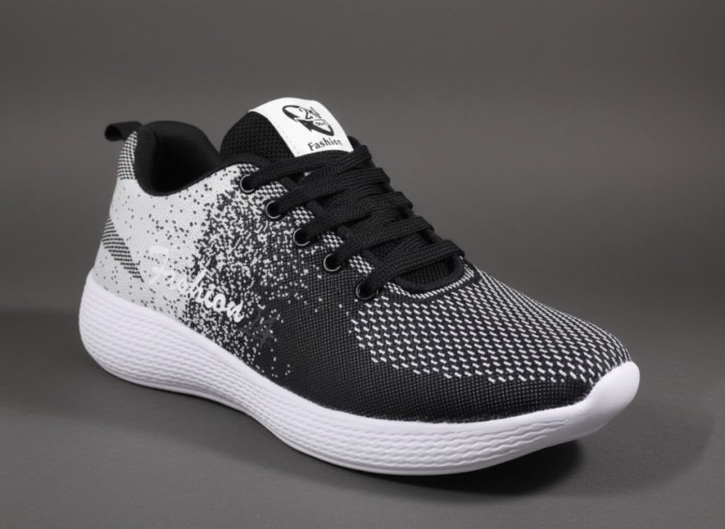 Latest Stylish Men Casual Black and White Sport Shoes & Sneakers – Lightweight Breathable Mesh Lace-Up Running & Walking Shoes for Daily Wear, Gym & Outdoor Use