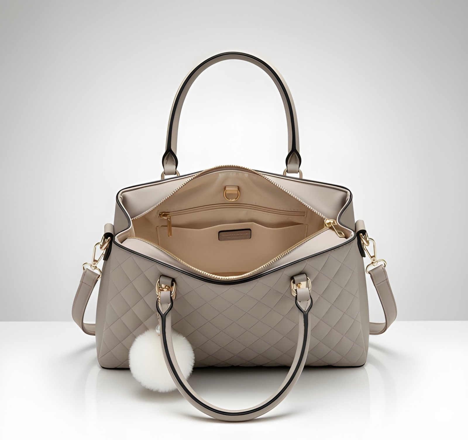 Premium Quality Women’s Stylish Beige Handbag | Elegant PU Leather Shoulder & Tote Bag for Ladies | Spacious Multi-Compartment Design with Golden Hardware & Fur Ball Charm | Perfect for Office, Daily Use, Travel & Parties
