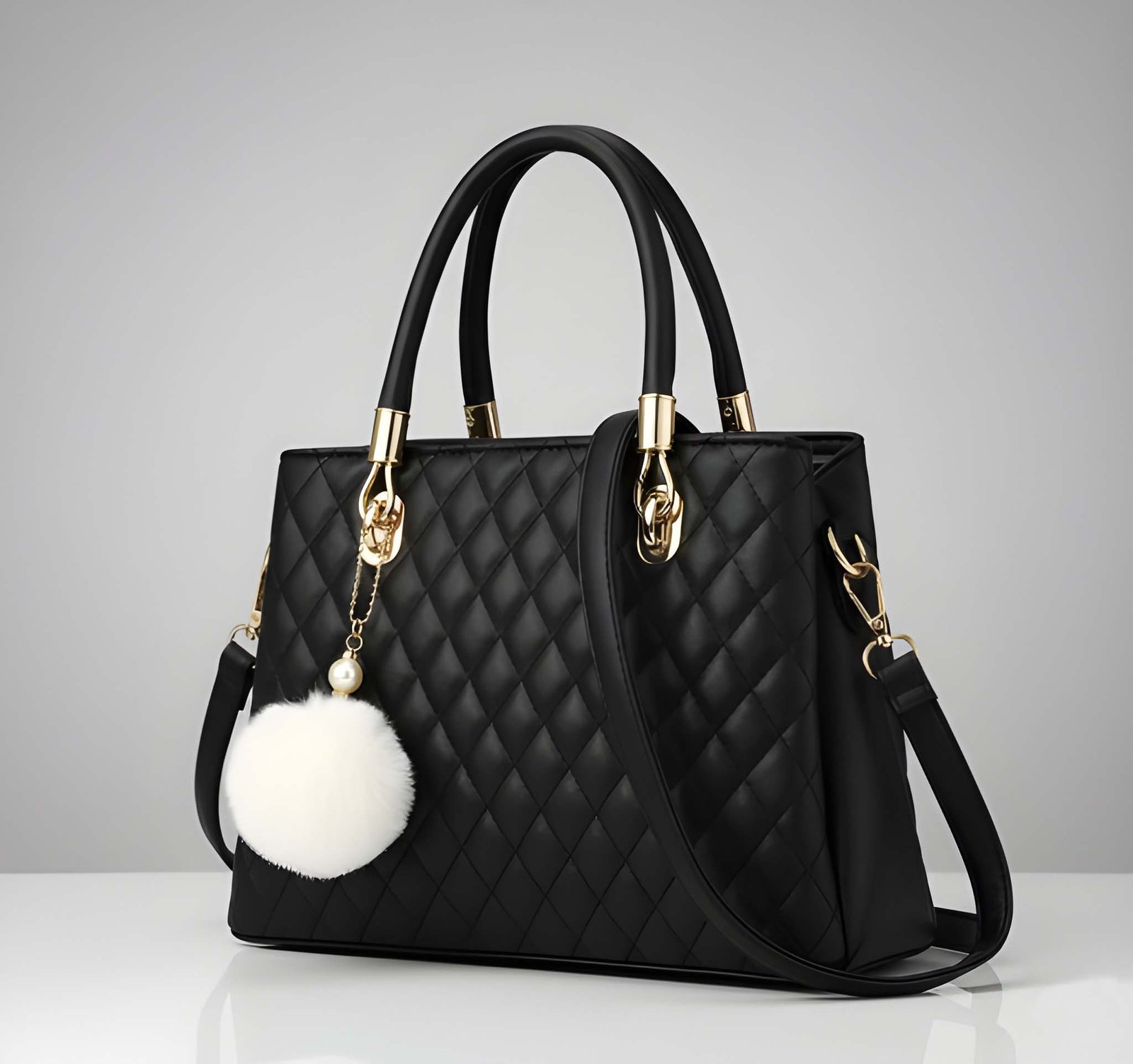 Premium Quality Women’s Stylish M Black Handbag | Elegant PU Leather Shoulder & Tote Bag for Ladies | Spacious Multi-Compartment Design with Golden Hardware & Fur Ball Charm | Perfect for Office, Daily Use, Travel & Parties