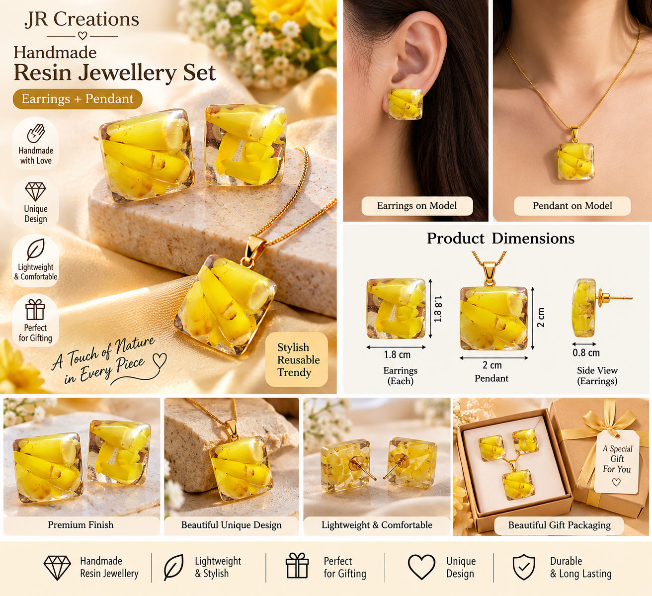 Handmade Yellow Resin Earrings and Pendant Set for Women | Floral Design Jewellery | JR Creations