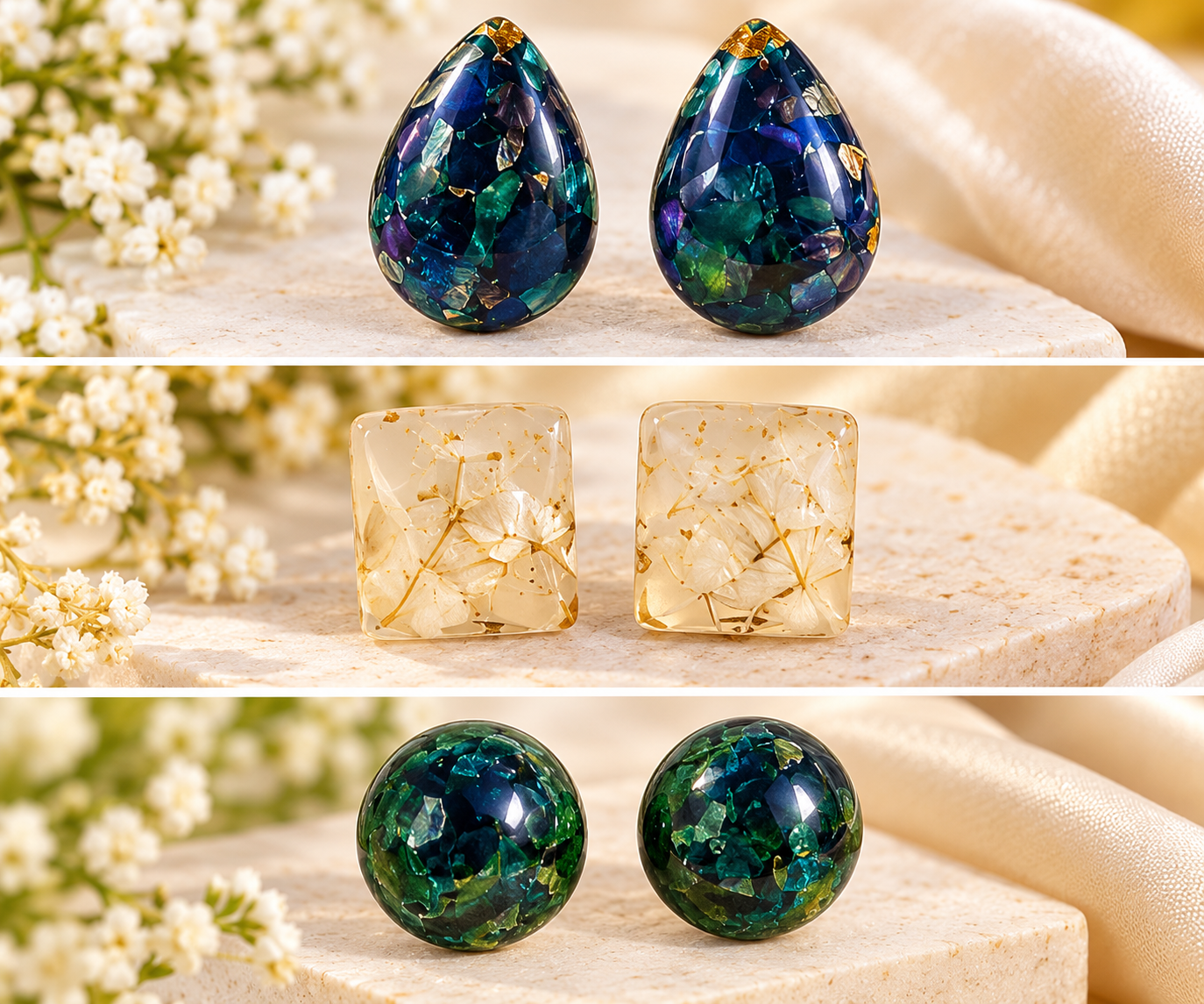 Handmade Resin Earrings for Women – Unique Blue, Floral & Green Designer Stud Earrings | JR Creations