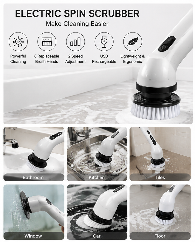 Electric Spin Scrubber 6-in-1 – Cordless Rechargeable Cleaning Brush with 6 Replaceable Heads & Telescopic Rod