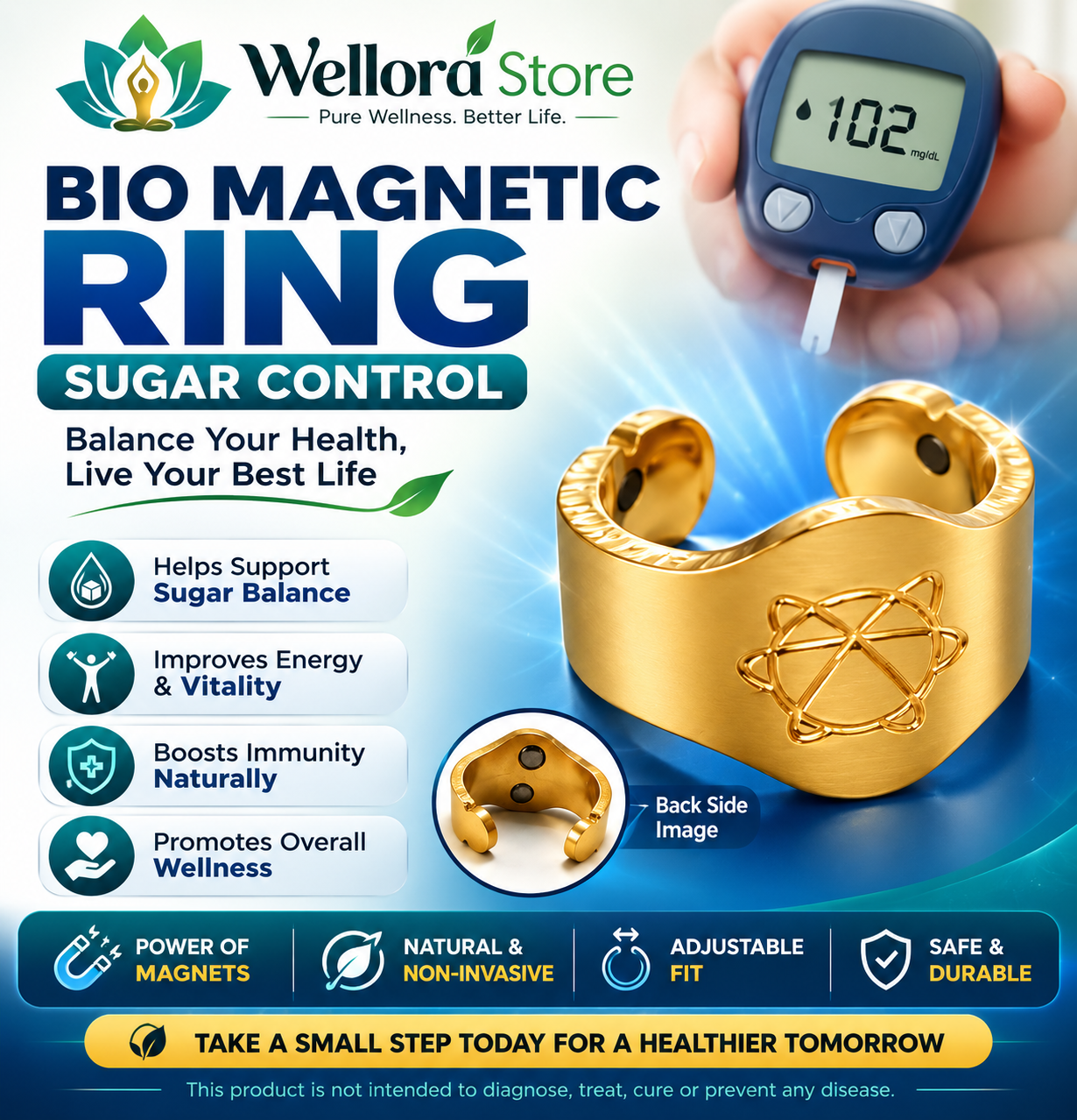Sugar control Bio Magnetic Ring – Adjustable Magnetic Wellness Ring (Gold)