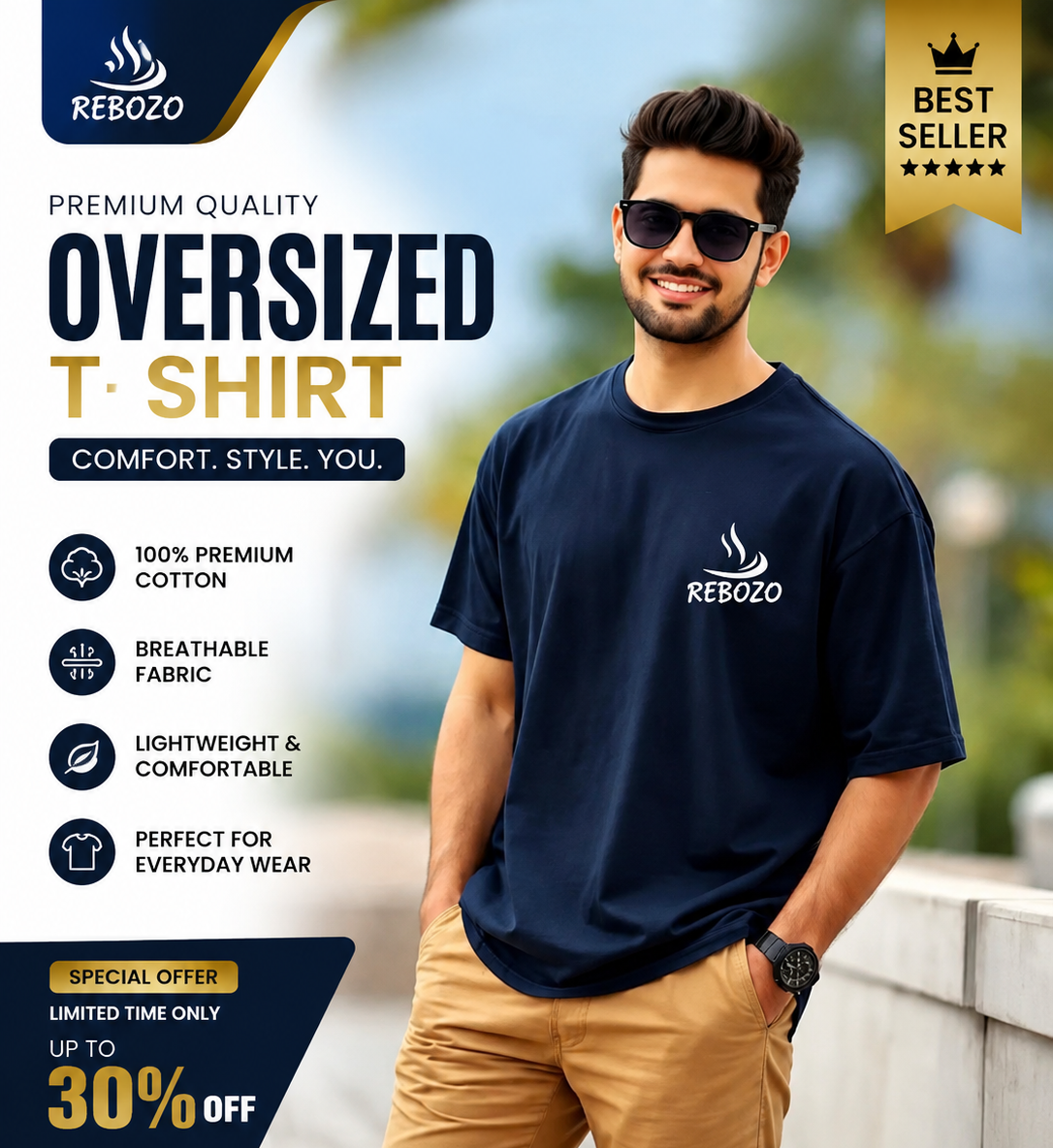Men's Oversized Cotton Round Neck Half Sleeve Printed T-Shirt (Navy Blue