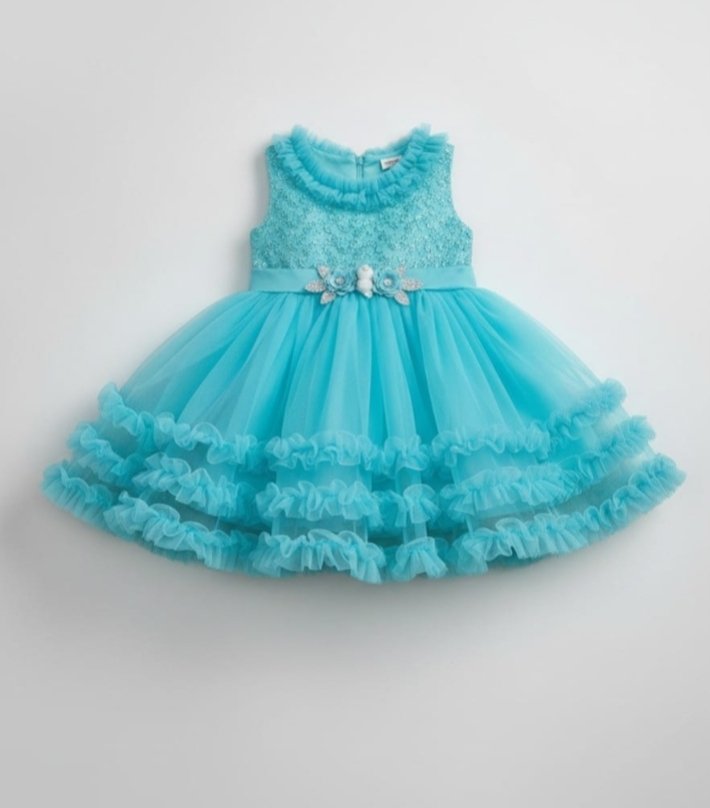 Girls' Turquoise/Aqua Blue Layered Ruffle Net Party Frock / Dress